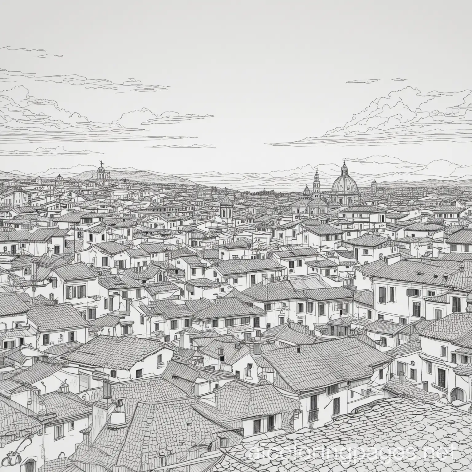 A landscape view from a distance of Rome with terracotta roofs, line art, thin outlines, 0.004’’ outline thickness, colour book, do not fill in shadows., Coloring Page, black and white, line art, white background, Simplicity, Ample White Space. The background of the coloring page is plain white to make it easy for young children to color within the lines. The outlines of all the subjects are easy to distinguish, making it simple for kids to color without too much difficulty