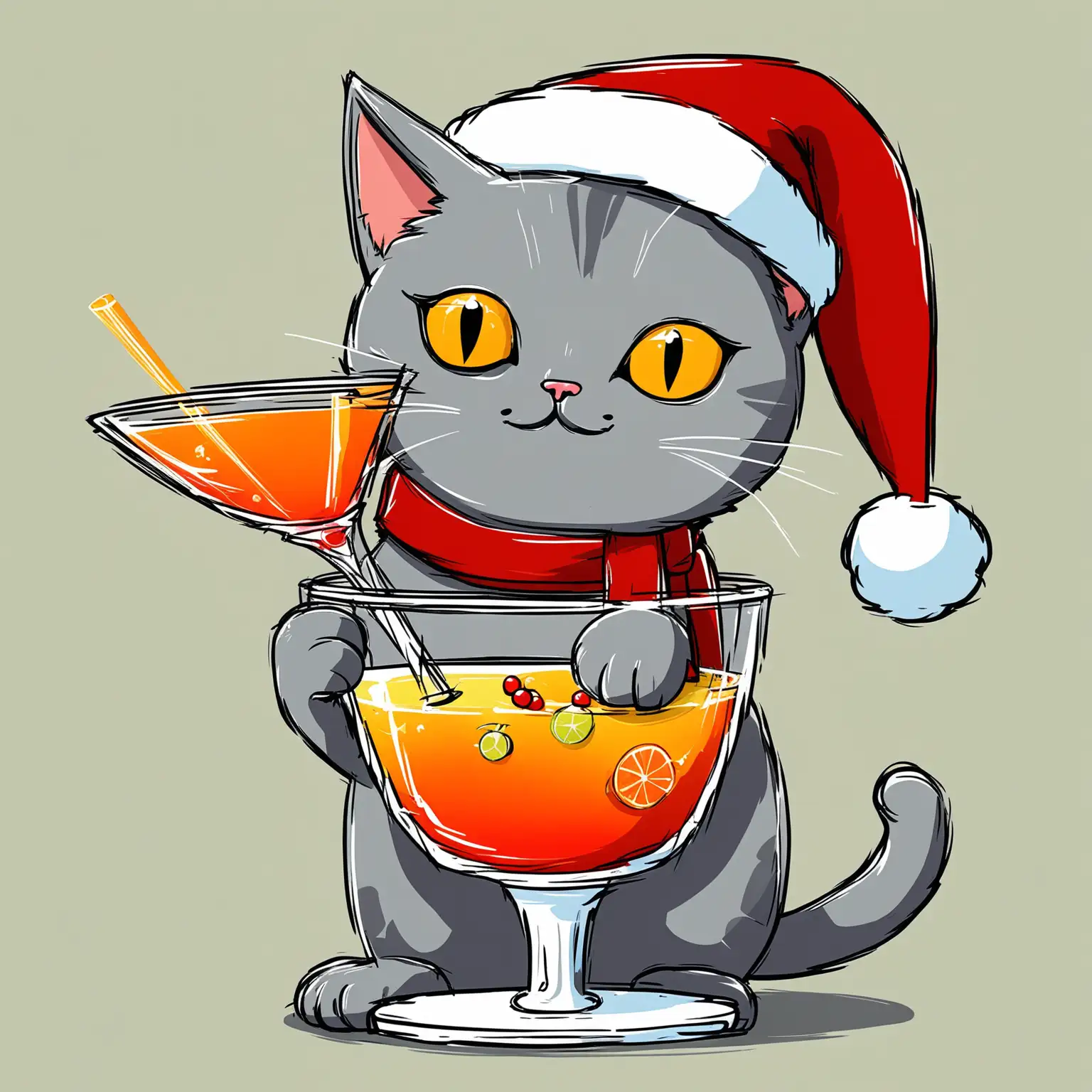 Cartoon Cat in Santa Hat Enjoying Cocktail