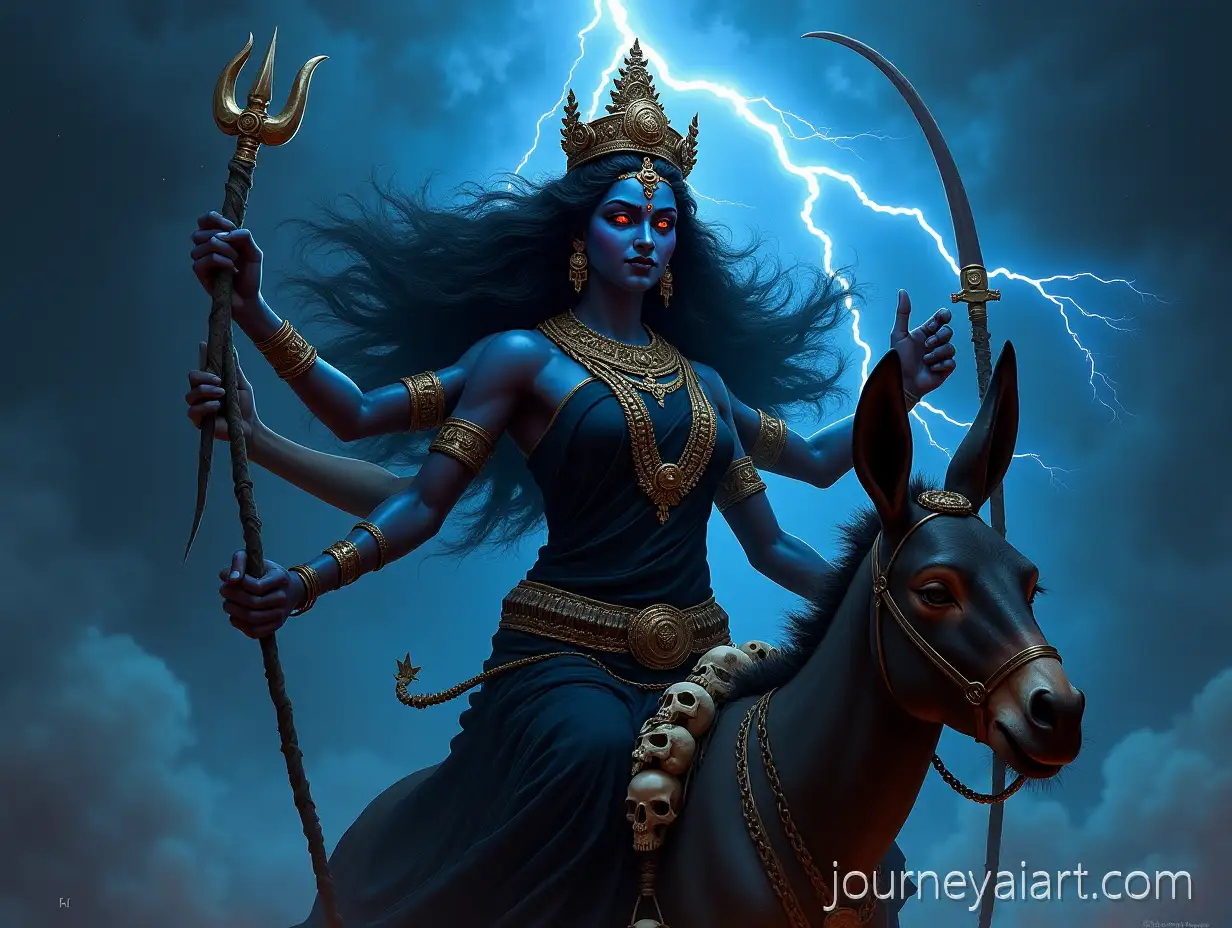 Fierce-Dark-Goddess-Kalaratri-with-Lightning-and-Skull-Garland-Riding-Donkey