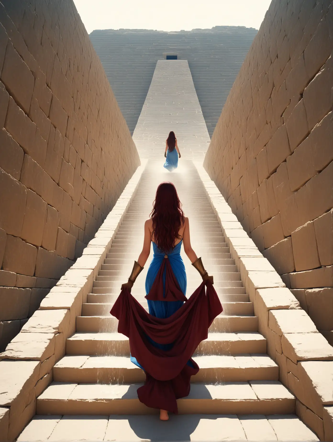 Solitary Woman with Burgundy Hair Climbing Ancient Pyramid Steps in Greek Blue Dress