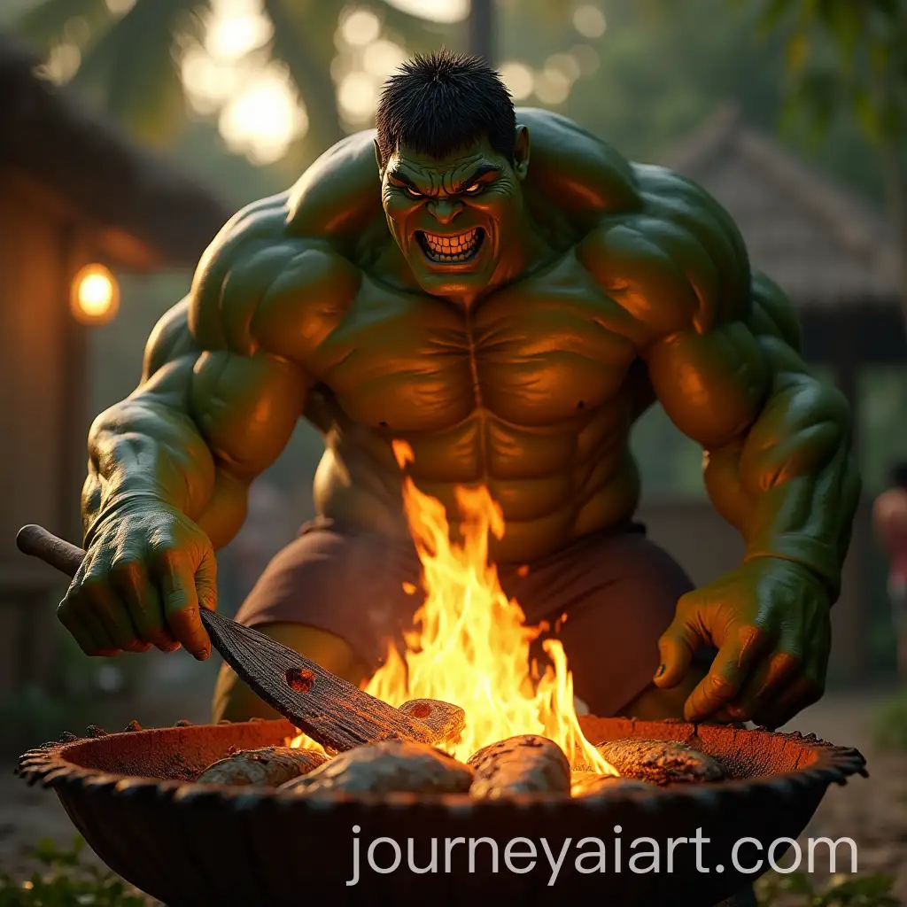 AI-Art-Prompt-ExpansionHulk-Grilling-Fish-Over-an-Open-Fire-in-a-Tropical-Village-at-Sunset