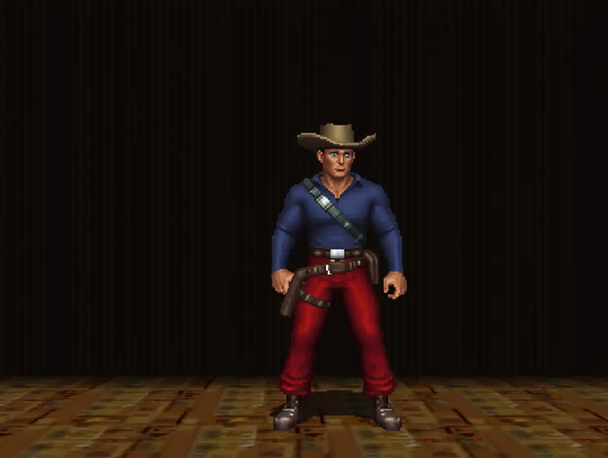 1990s 3D ps1 styled Gameplay screenshot for PlayStation featuring a 3D polygonal characters models of a cowboy in a hat blue long sleeve dress shirt red long pants with a colt and holster fights a wolfman in a museum 1990s 3D polygonal style video game 3rd person adventure game 3rd person 3D Beat em up 1990s graphics retro style game 3D 3rd person survival horror game 3d 1990s PlayStation Graphics of old 3d 1990s Graphics