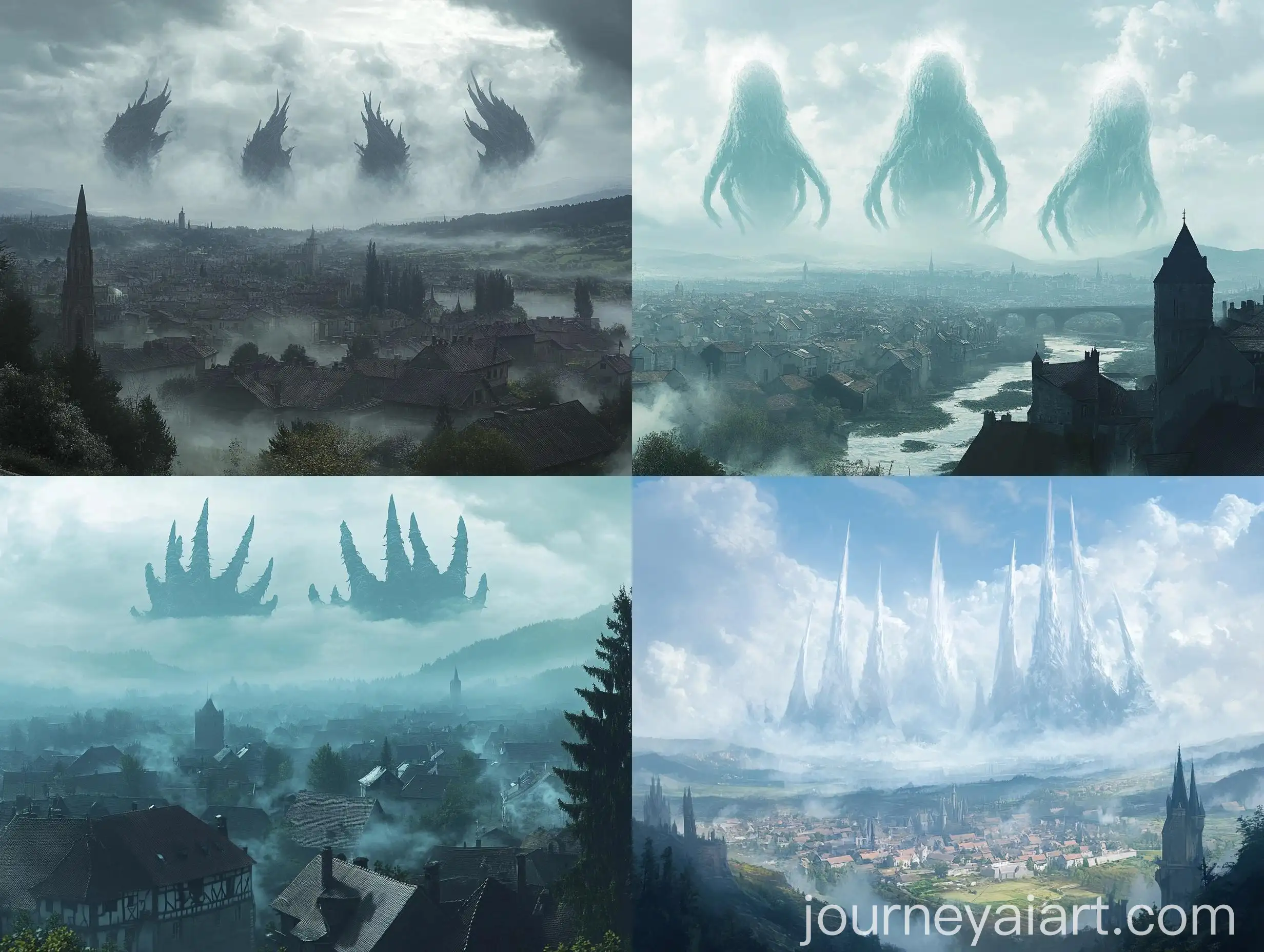 Medieval-Landscape-Enshrouded-in-Eerie-White-Mist-and-Gargantuan-Spikes