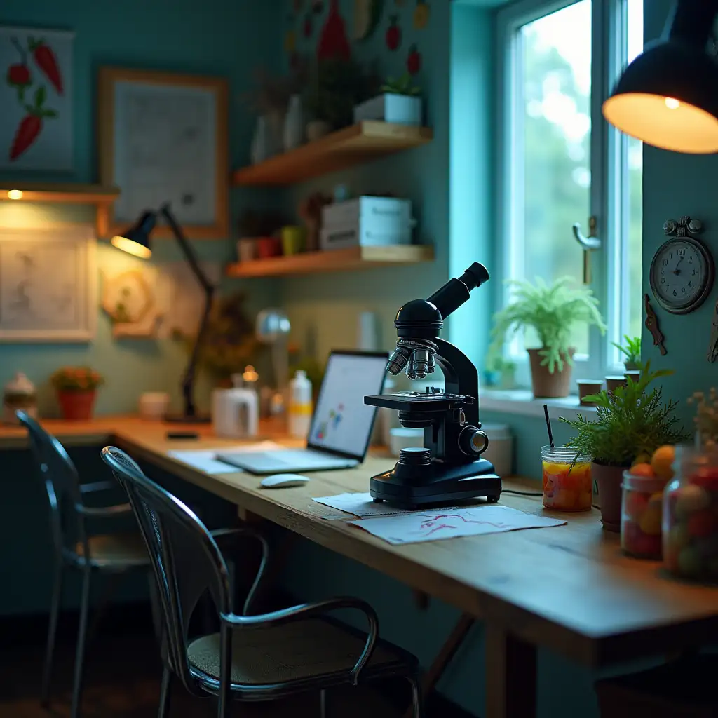 Nutritional decorated room with a Darkfield microscope on a desk