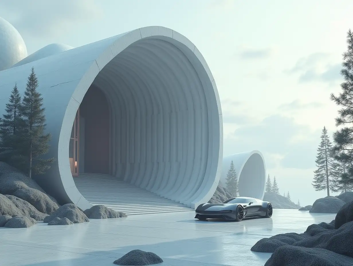 Create a high-resolution realistic image in 4k resolution of a futuristic grey building with curved columns, trees, rocks and a futuristic vehicle in a cloudy sky