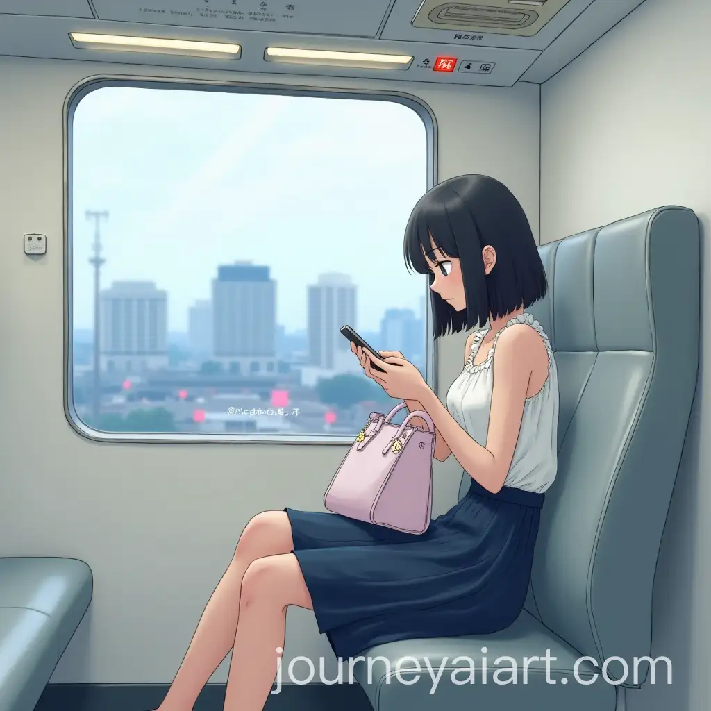 Young-Japanese-Woman-on-Train-with-Cityscape-View-and-Minimalist-Interior