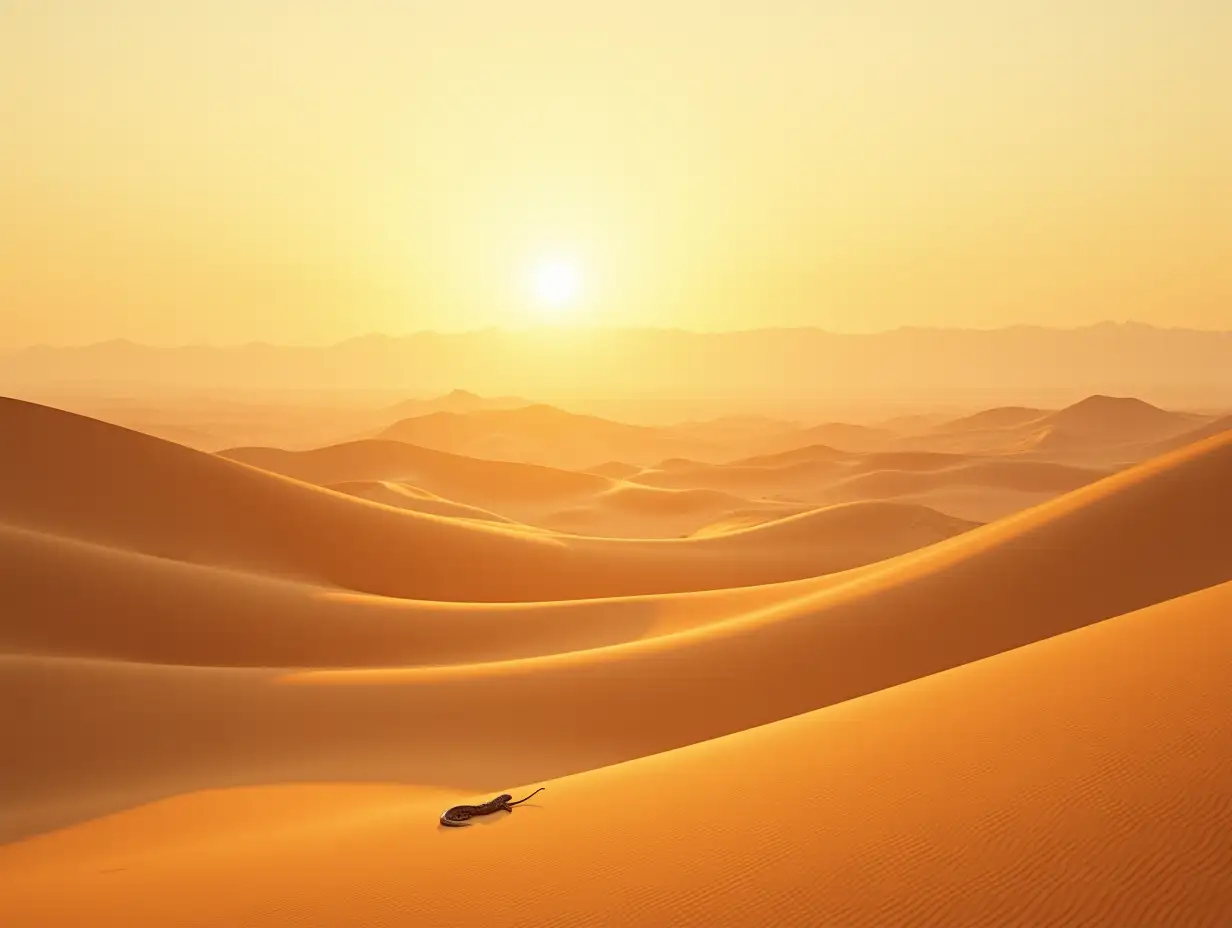 Golden-Desert-Landscape-with-Sand-Viper-Moving-Towards-Horizon