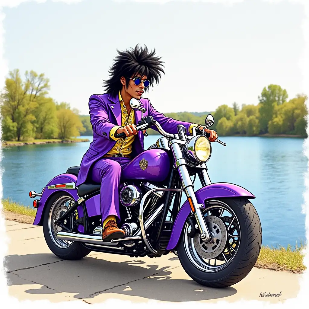 Draw a picture of Prince on his purple motorcycle in front of lake Minnetonka in Minesota