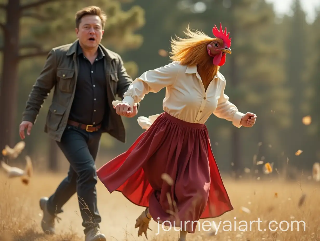 Elon-Musk-Chasing-a-Chicken-in-a-Field-with-Human-Features-and-a-Red-Skirt