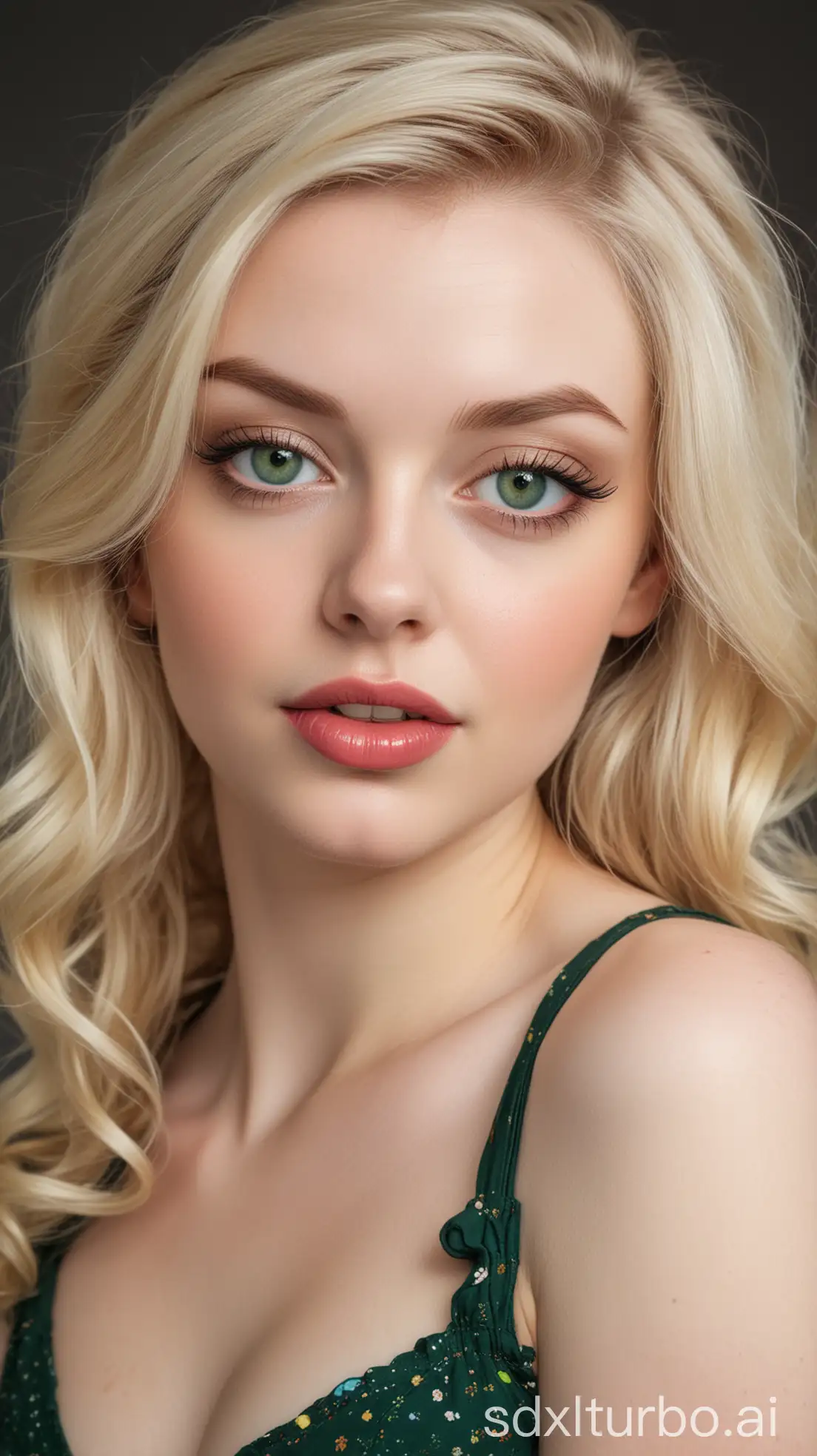 pretty blonde white girl with pale skin and green eyes, thin, modeling in pin-up style, without watermark