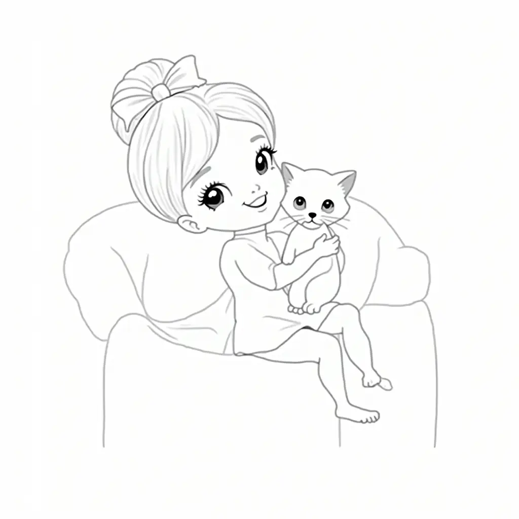 Coloring,A beautiful little girl is holding a little kitten,they are in a room