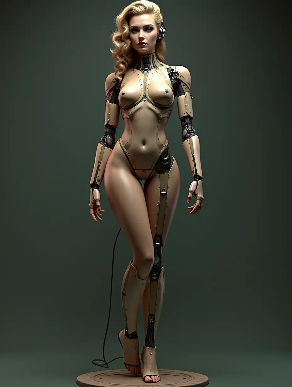 Portray a dystopian fashion model designed as a mechanical pinup doll, with visible joints and gears replacing natural limbs. Her body is perfectly posed like a vintage pinup, but her mechanical features give her an eerie, artificial feel. Medium: Digital 3D modeling. Style: Robotic pinup with industrial influences. Lighting: Soft spotlight with flickering shadows from exposed machinery.