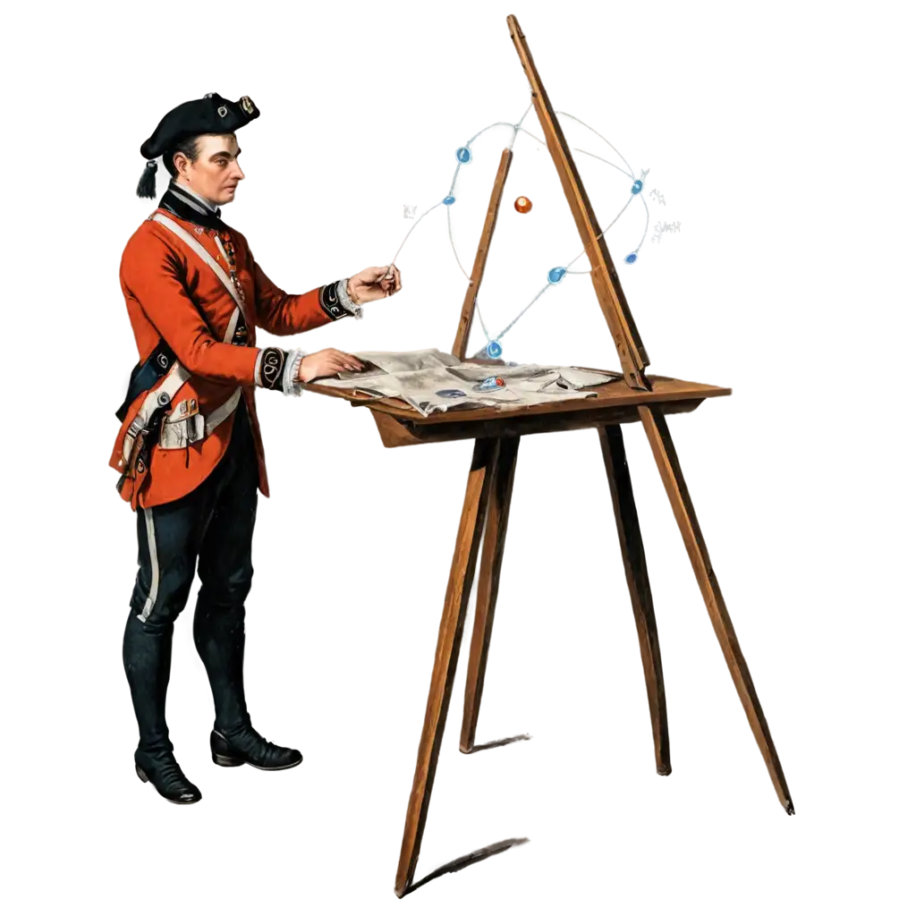 18th-Century-Soldier-Creating-a-Diagram-of-an-Atom-in-PNG-Format-A-Unique-Artistic-Blend-of-History-and-Science