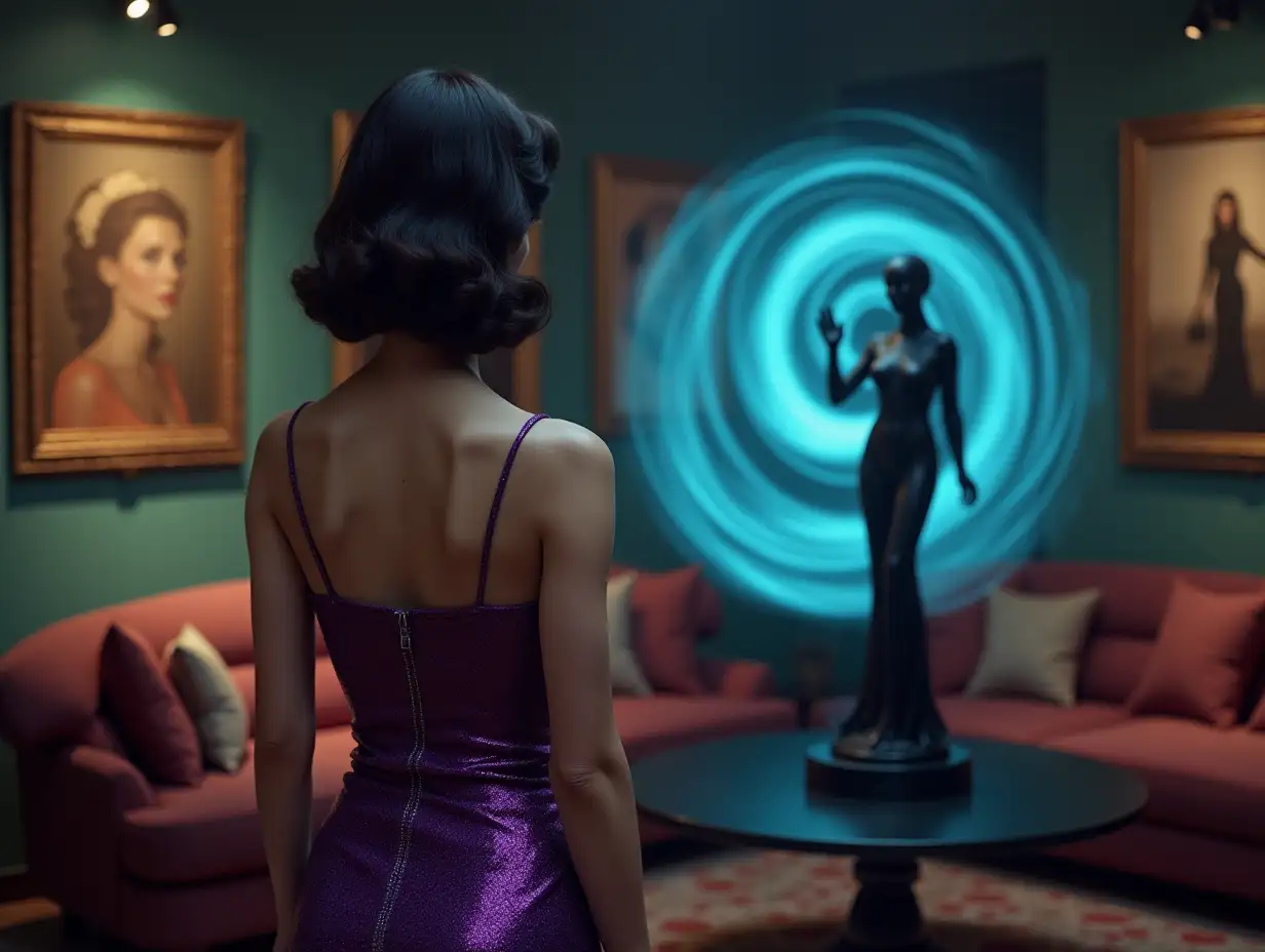 Woman-in-Purple-Dress-Facing-Black-Glass-Statue-with-Blue-Vortex-Aura-in-a-Retro-Futuristic-Living-Room