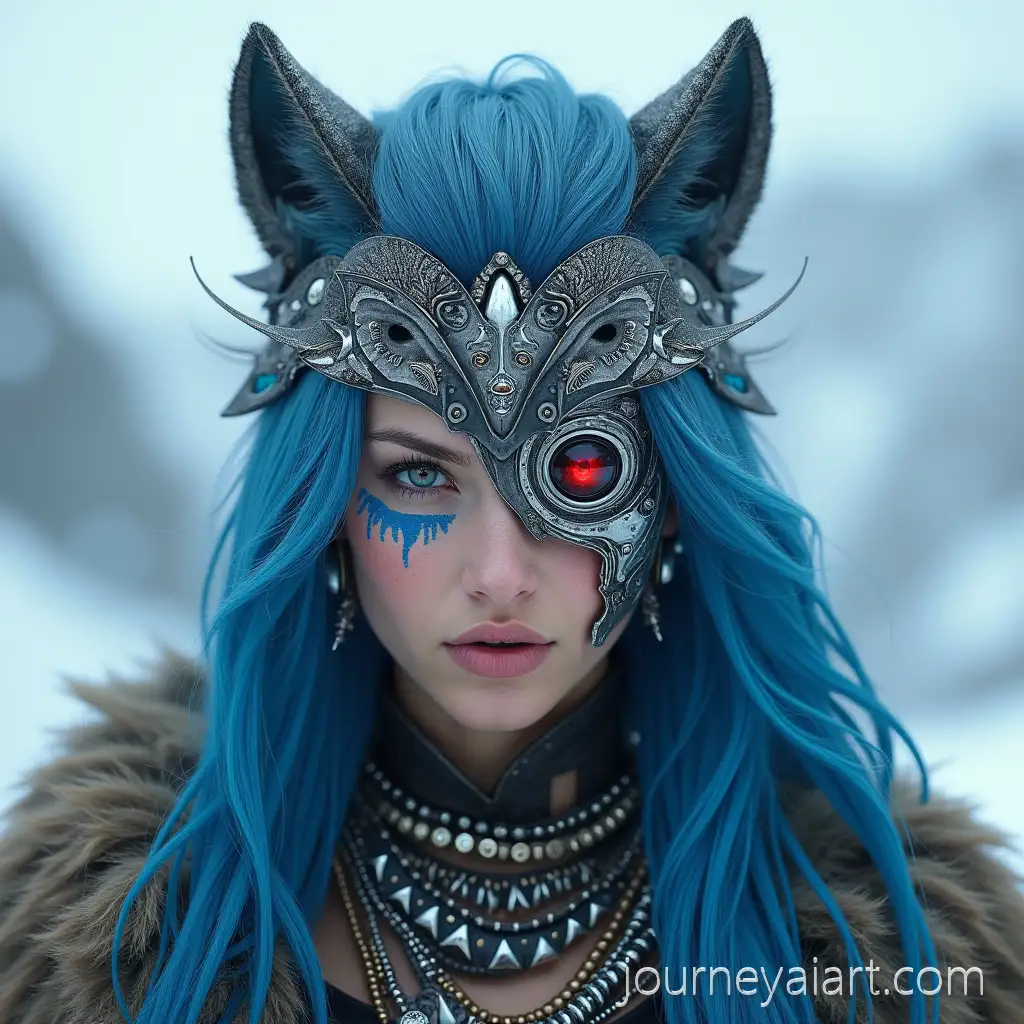 Fierce-Cyberpunk-Steampunk-Tribal-Warrior-Woman-in-Snowy-Mountains-with-Mechanical-HalfFace