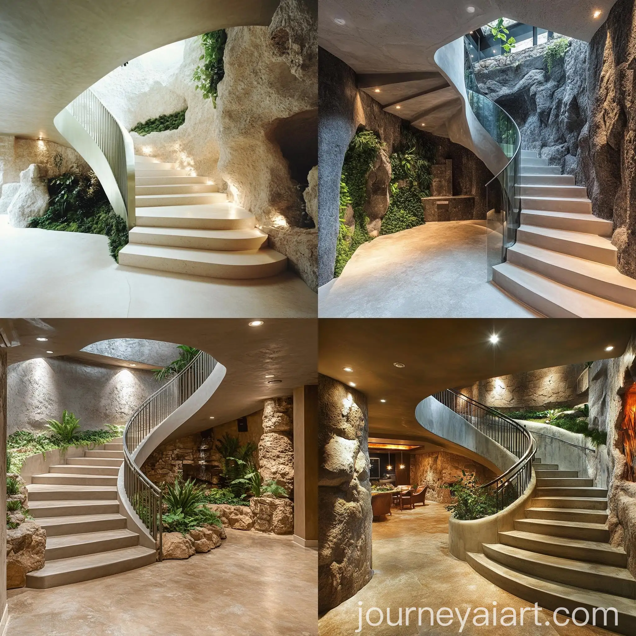 Luxury-Basement-with-Round-Staircase-and-Green-Ambiance
