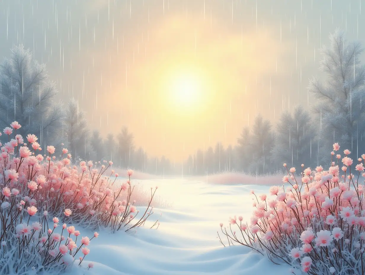 static view of a floral winter landscape with a soft sun and gentle rain, soothing and pleasant colors