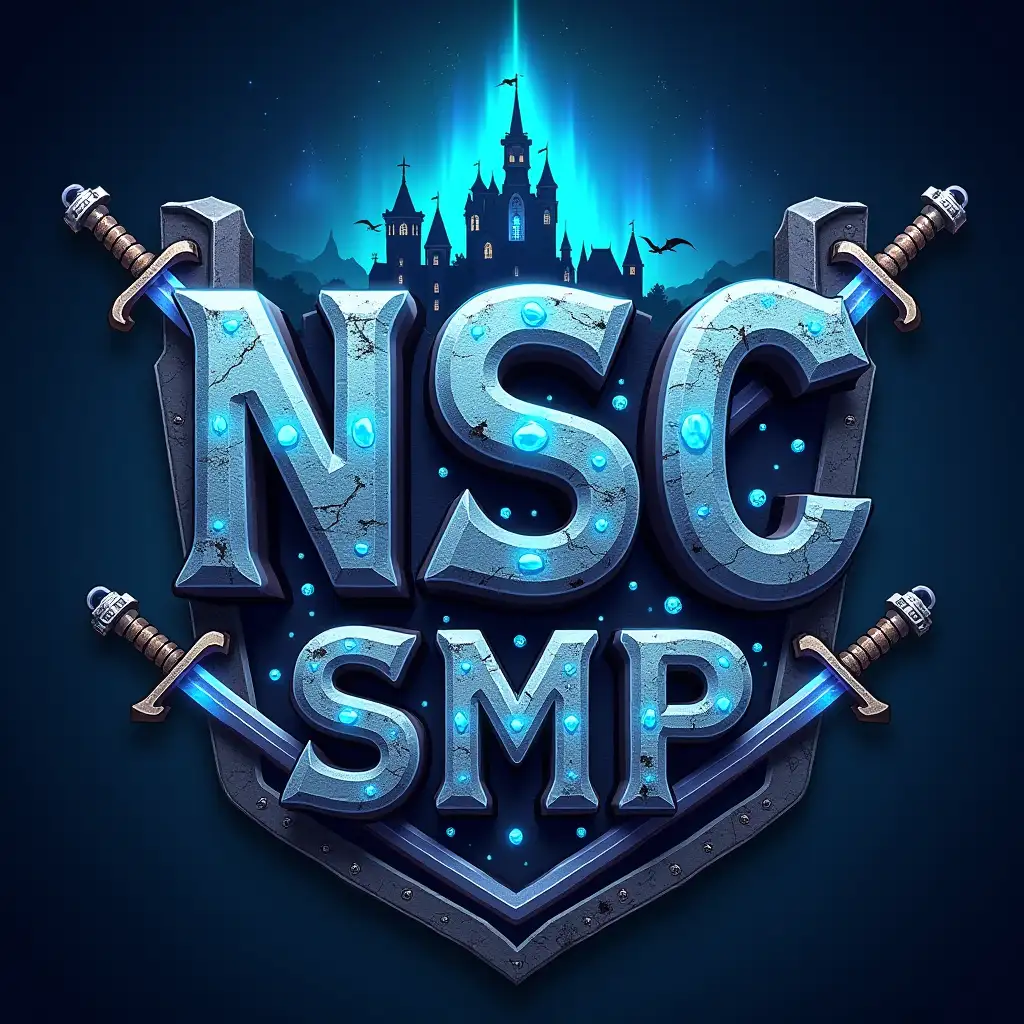 logo megah with name 'NSC' on top, standing out with large letters made of textured magic stone, adorned with glowing blue runes. Below it, there is an inscription 'SMP' in medieval style, surrounded by swords and shields, while the RPG theme dominates the design with fantasy elements such as sparkling crystals, flying small dragons, and magical sticks. The background shows a landscape of a fantasy world, with big castles, magic forests, towering mountains, and night sky full of stars and an attractive aurora. The design combines the aesthetics of Minecraft boxes with epic imagination of RPG and fantasy worlds full of adventures