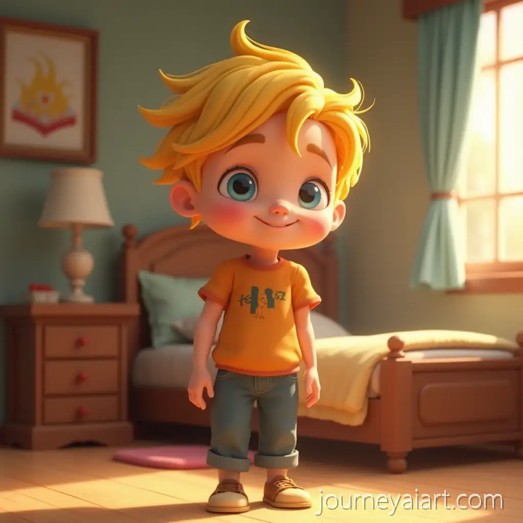 Boy-with-Yellow-Hair-and-Blue-Eyes-in-DisneyInspired-Bedroom-3D-Animation