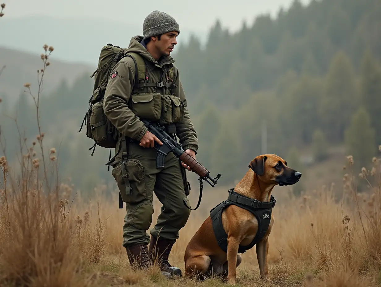 Typical survivor, backpack, gun and dog.