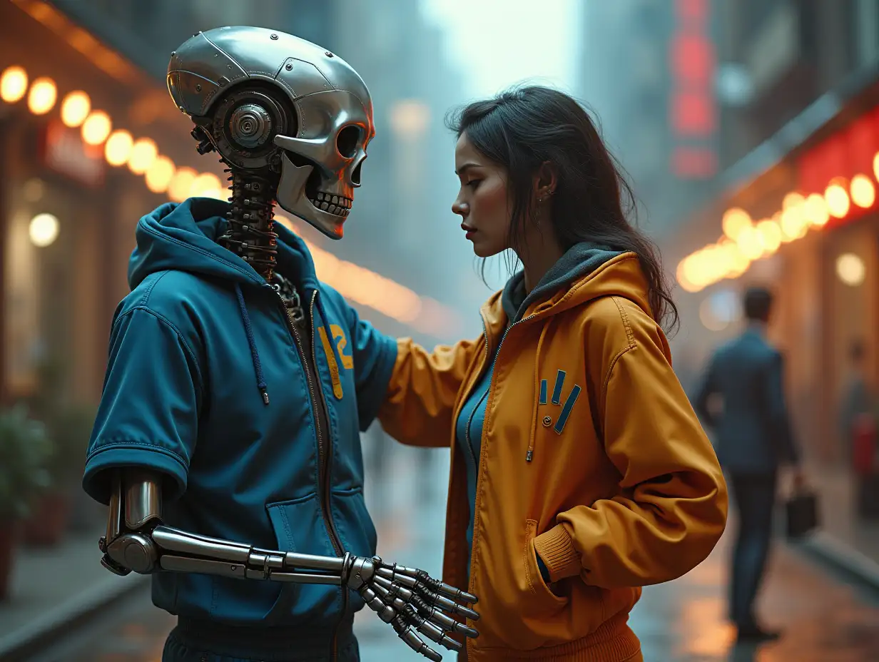 Create a high-resolution, realistic image of a robot dancing with a woman. It has a skeleton body, metal hands and the head of an alien, a fashionable tracksuit, steel hair and a Walkman in hand. 4K resolution (Steampunk 8K quality)