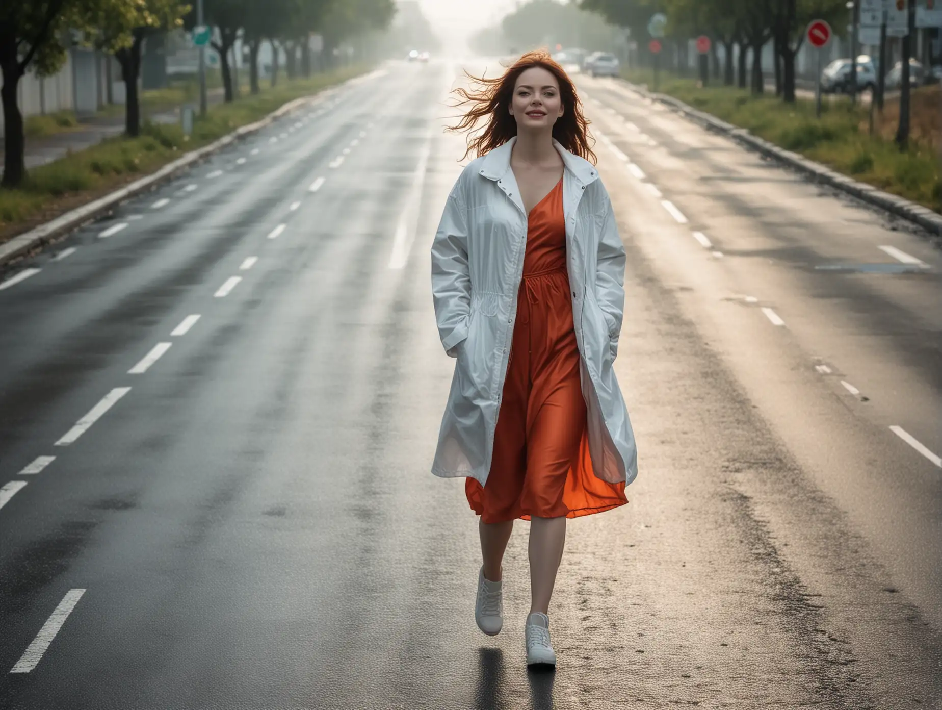 Early-Morning-Aerial-Shot-of-Solitary-Woman-in-Vibrant-Red-Dress