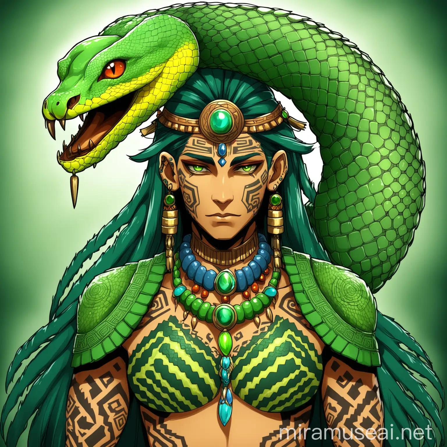 Fantasy Shaman Woman with Green Python and Aztecan Tattoos