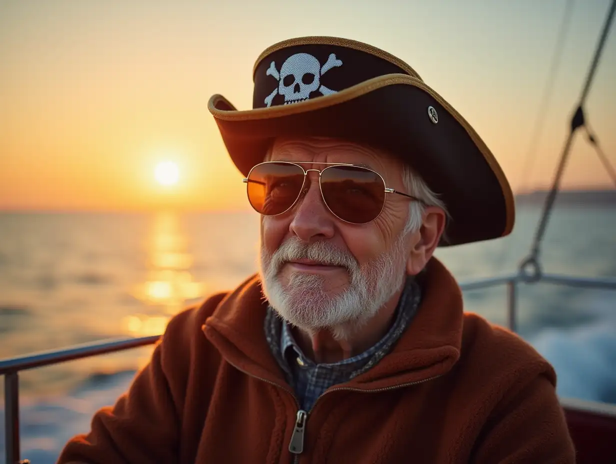 Portrait of an older man wearing a pirate hat, sunglasses, and a warm sweater, enjoying sunset on a boat.