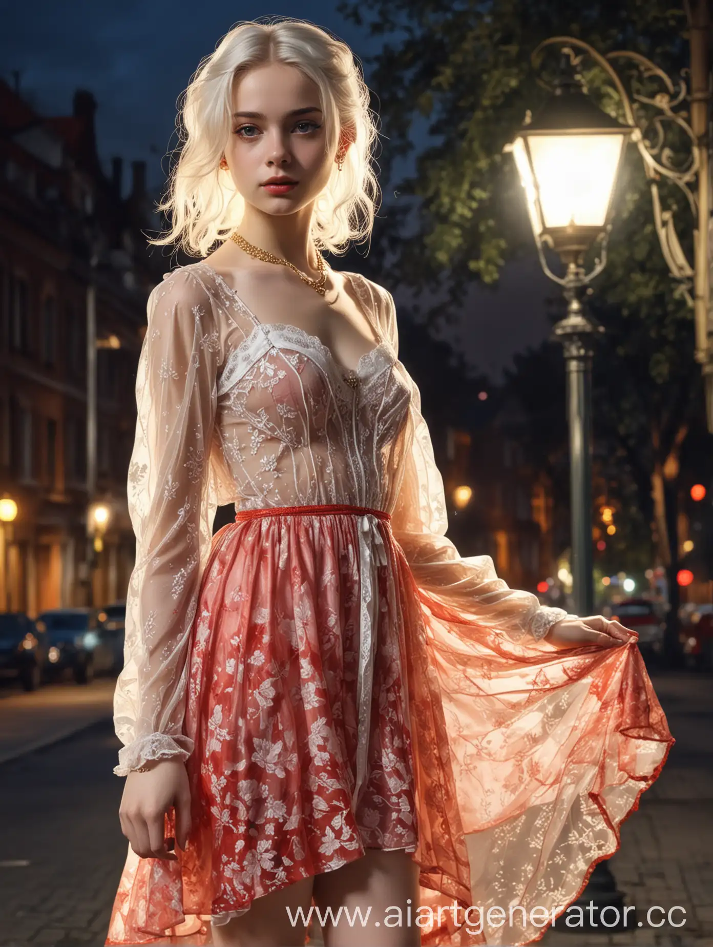 Soviet-Anorexic-Transgender-in-Red-Dress-Under-Streetlamp-in-Summer-Park