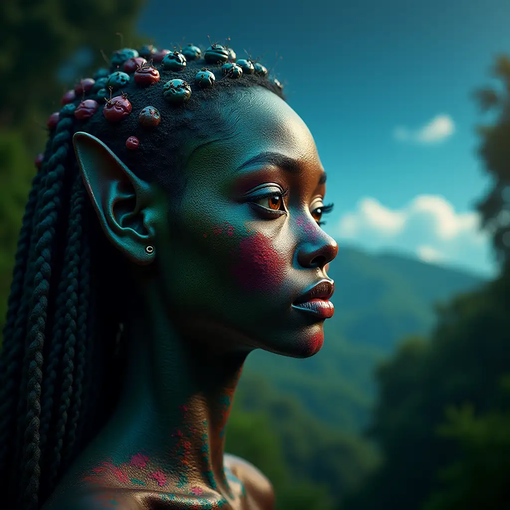 Colorful skin of an alien woman on a planet with rainforest, sees blue cloud sky with a glance into the distance portrait 30mm black background hdr