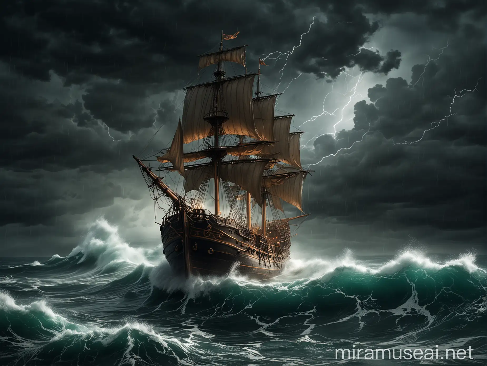 Brave Ship Battling Giant Raging Waves in Stormy Sea