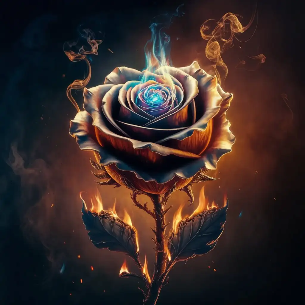 Fiery-Rose-Sculpture-with-Glowing-Blue-and-Green-Flames