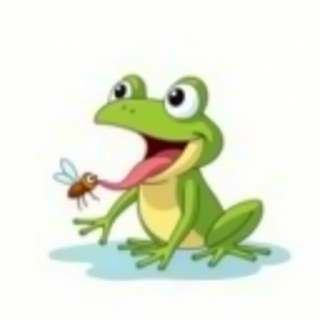 a frog catching a fly with its big tongue in (on a white background and cartoon style)