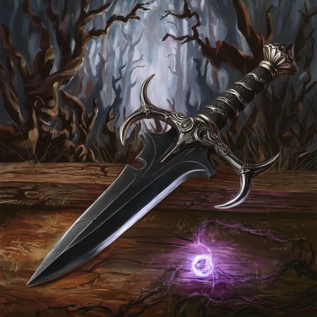 *Fantasy Art painting* A black dagger, the hilt is made of metal thorns and looks like bramble