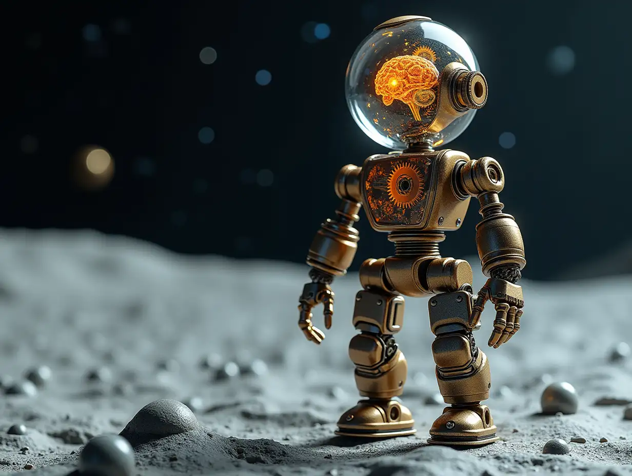 Create a high-resolution, realistic image of artificial intelligence fractal Robert, two meters tall and a one meter high robot with gears on arms and legs, gears on cheeks and a glass head with visible golden plating brain, screws with many gears, and many small glass spheres on the moon surface at a 4k resolution