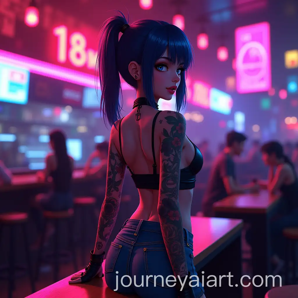 Cyberpunk-Girl-with-Tattoos-in-Neon-Sports-Bar