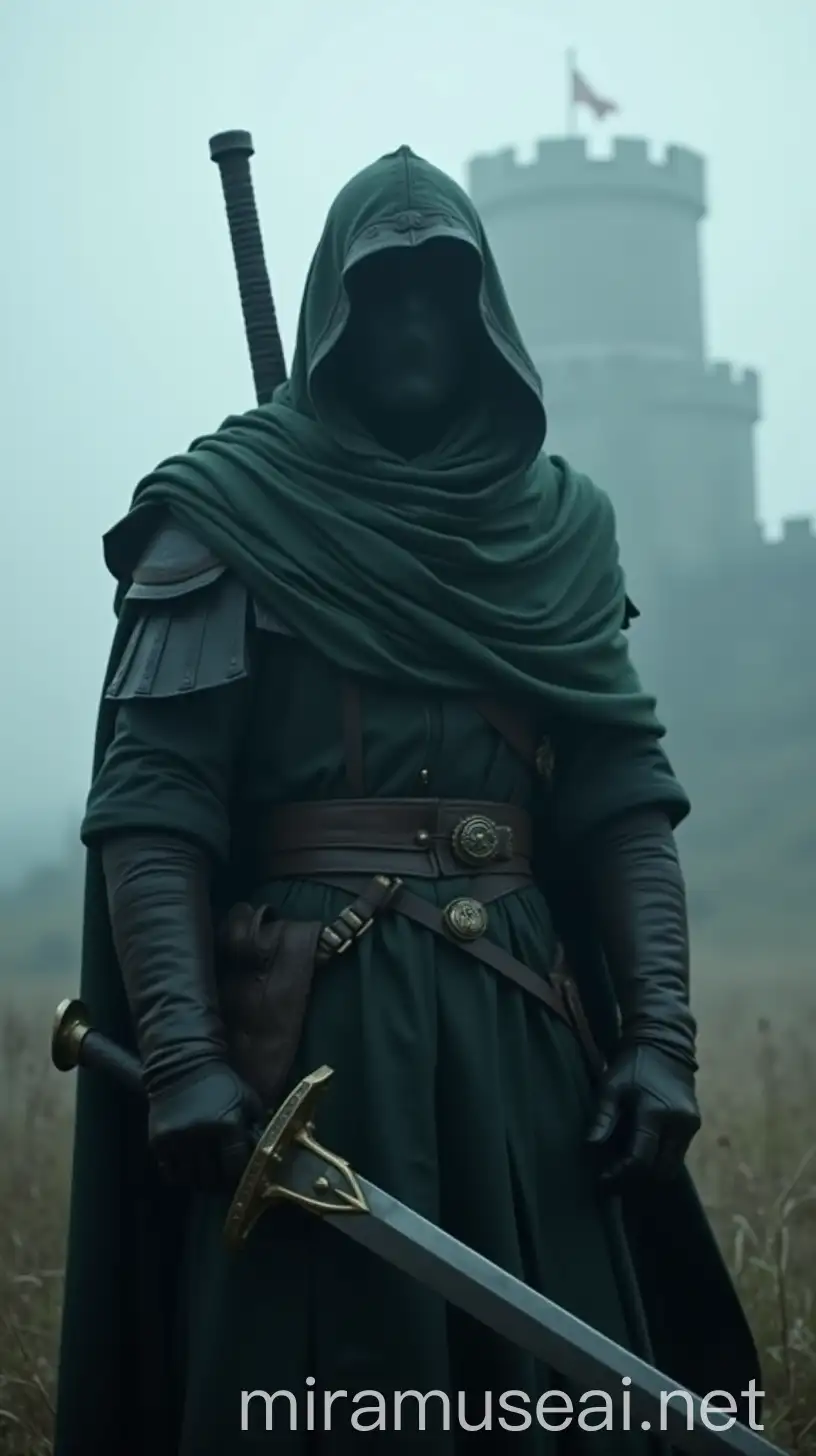 Warrior in Black Battle Attire with Sword in Foggy Fortress