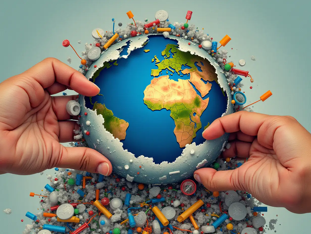 A visually striking, mixed-style artwork illustrating two expressive human hands peeling back a torn sheet of plastic waste from the surface of Earth...