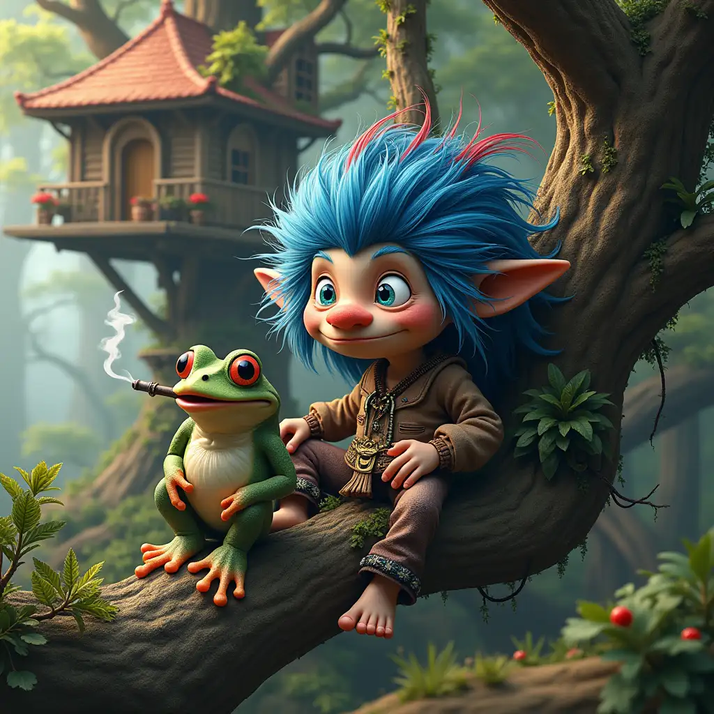 ultradetailed hyperrealistic portrait of a troll with blue and red long hair sitting on the porch with a frog king with a smoking flute in his mouth a dreamy large treehouse on a big branch with intricately detailed, colorful plants in the background wide-angle lens