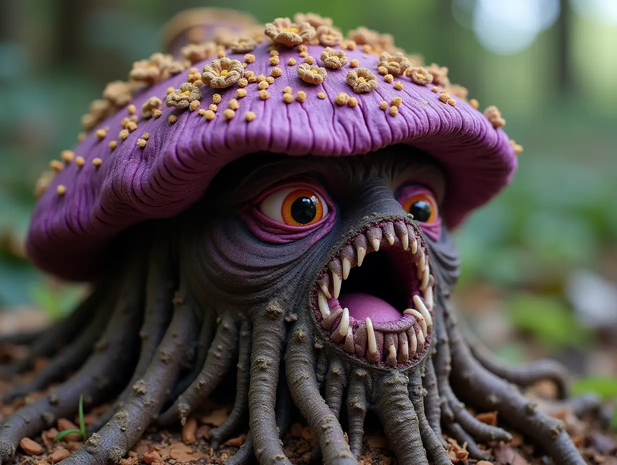 Face transformed into building with purple fly agaric roots