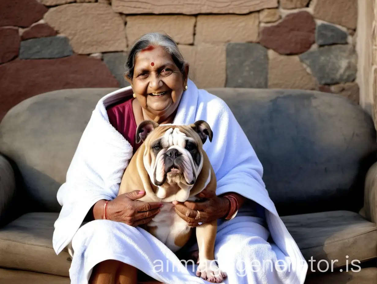 Happy-85YearOld-Woman-with-Bulldog-in-Stone-Building