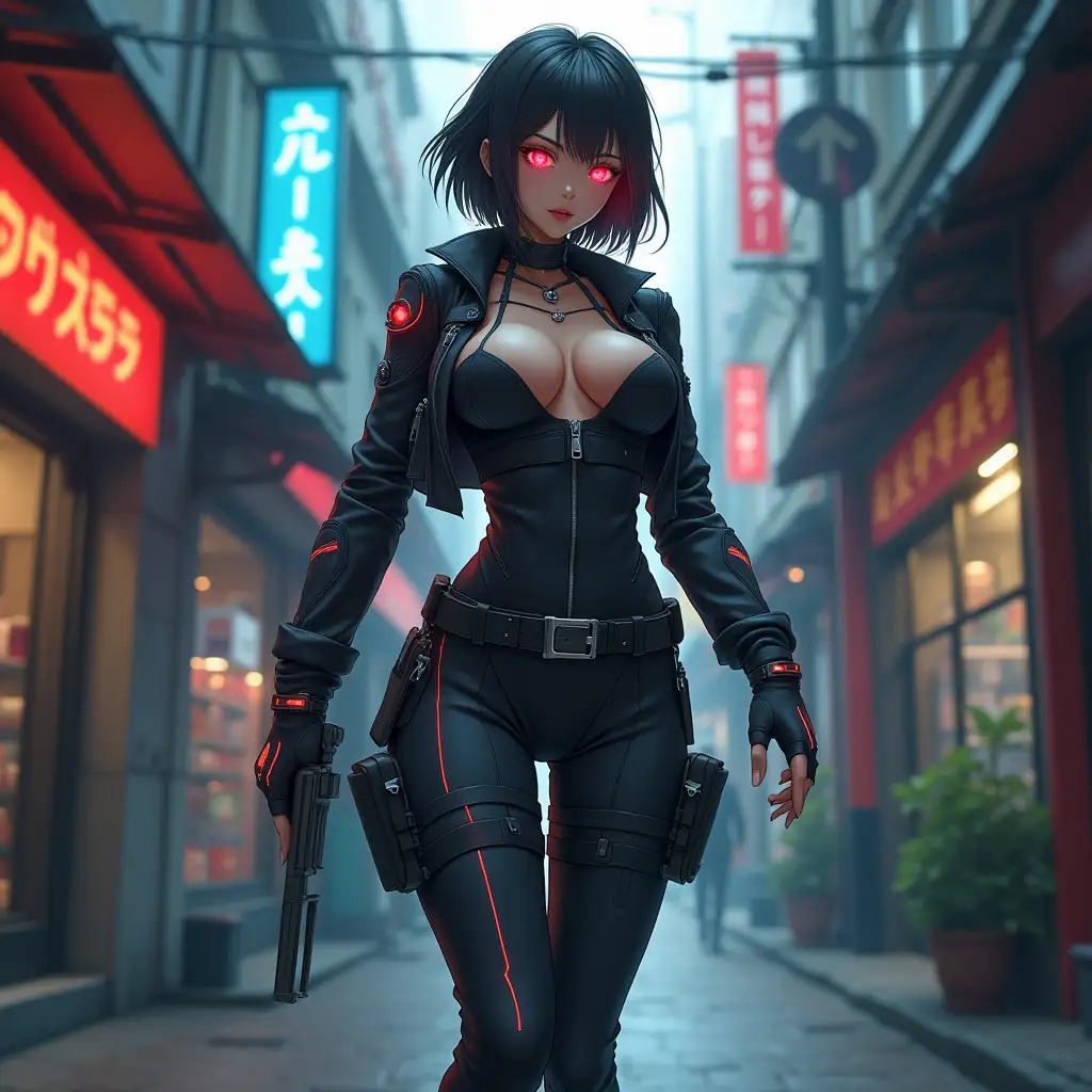 Short hair, mature Asian woman thief cyber runner in a dynamic full-length pose, eyes with red electronic pupils, large breast, extreme skintight body glove zipped down with cleavage, combat boots and combat belt. Full view of her body from boots up, low wide angle. Future store filled city alley street. Anime