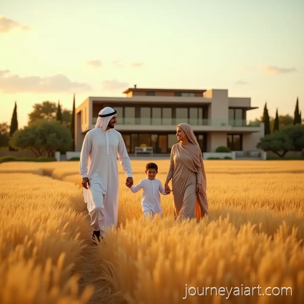 Middle-Eastern-Egyptian-Family-Walking-ThroughAI-Image-Prompt-Expansion-Golden-Wheat-Field-at-Sunset