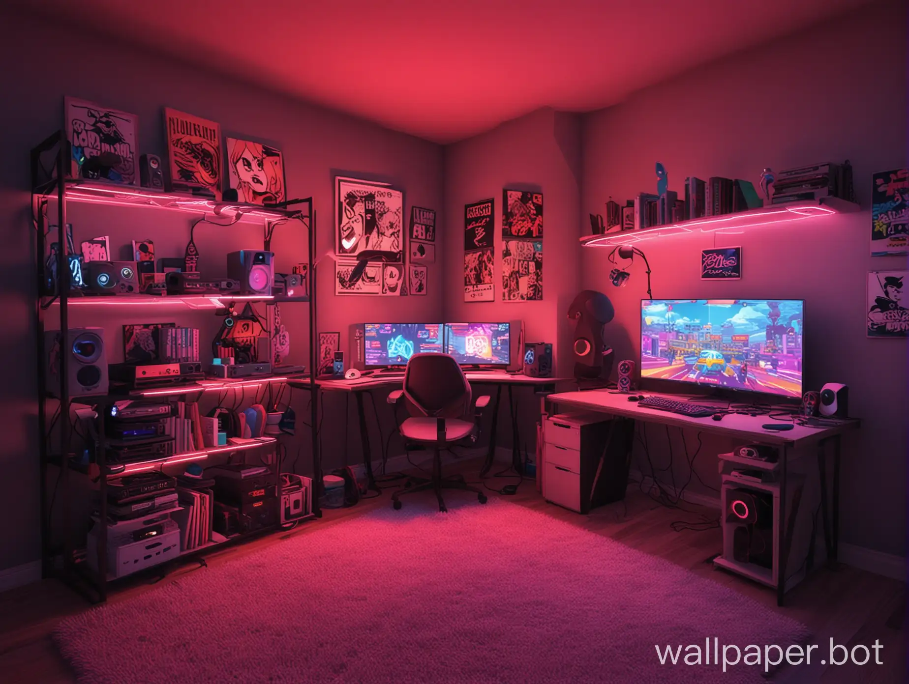 generate for me a room with a gaming setup with colors, neon the whole in cartoon style