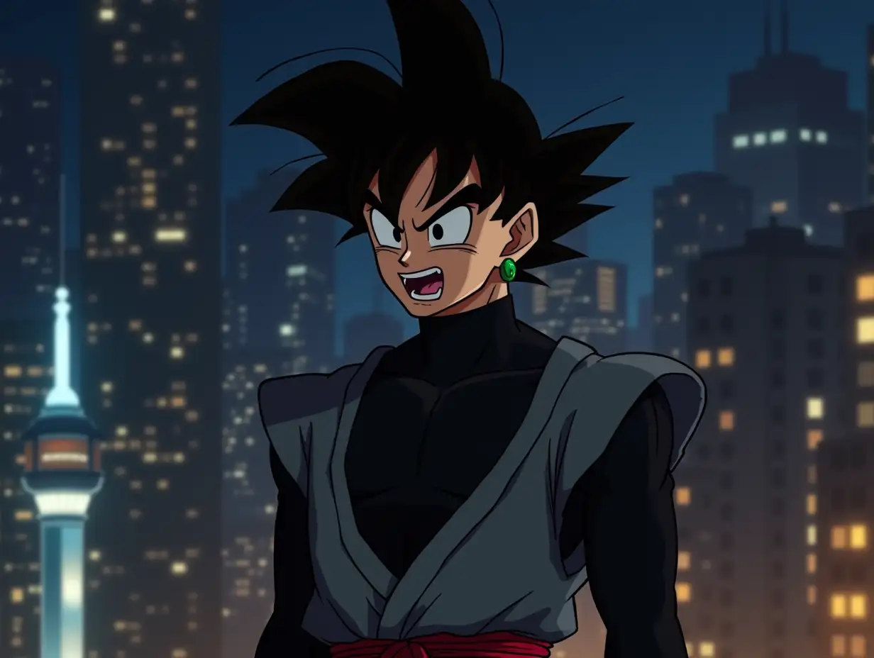 Goku-Black-in-New-York-City-with-Green-Potara-Earring-and-Red-Sash