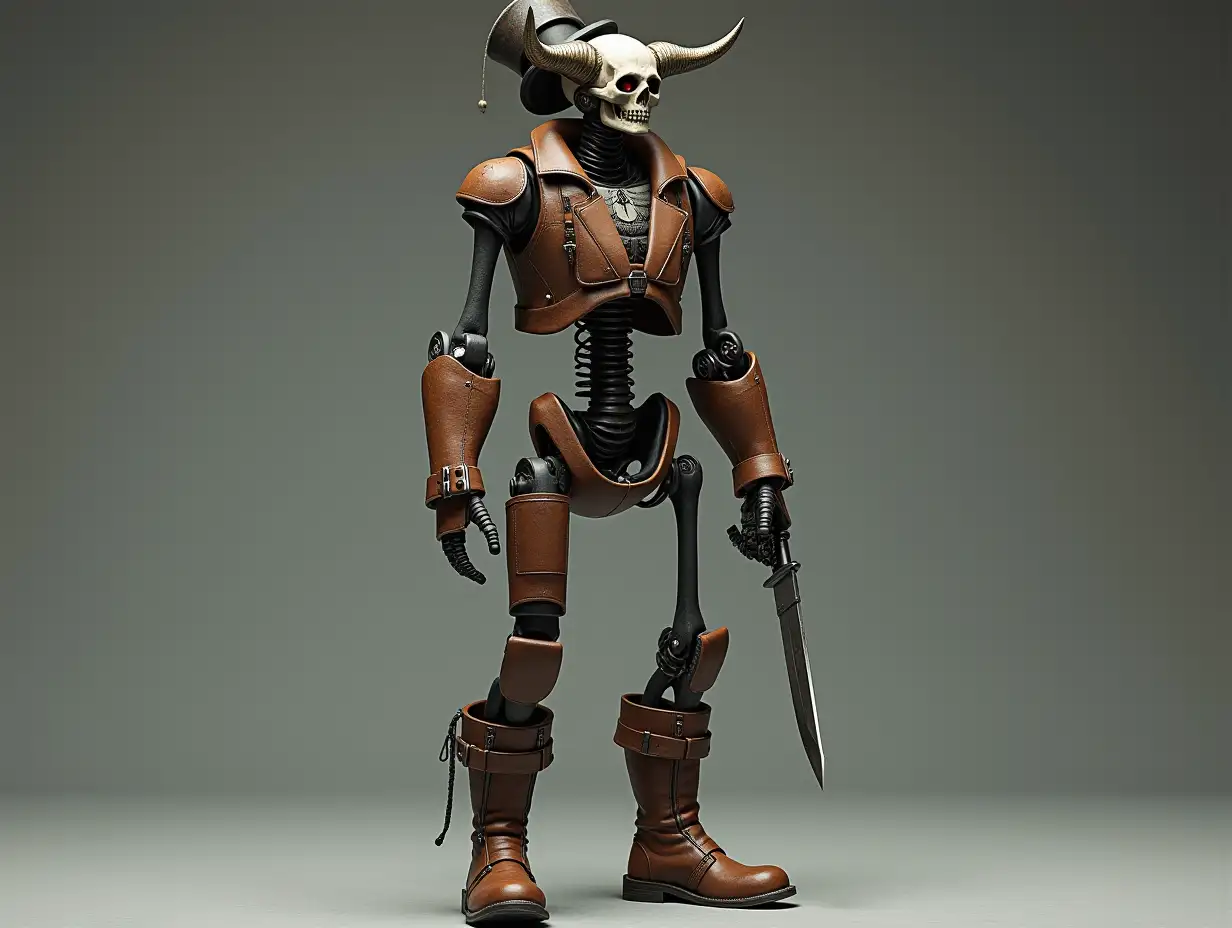 Create a high-resolution, realistic image of a robot with a skeleton body, brown leather boots and a head of a fashion training suit, and a knife in hand a top hat and a horn in 4K resolution