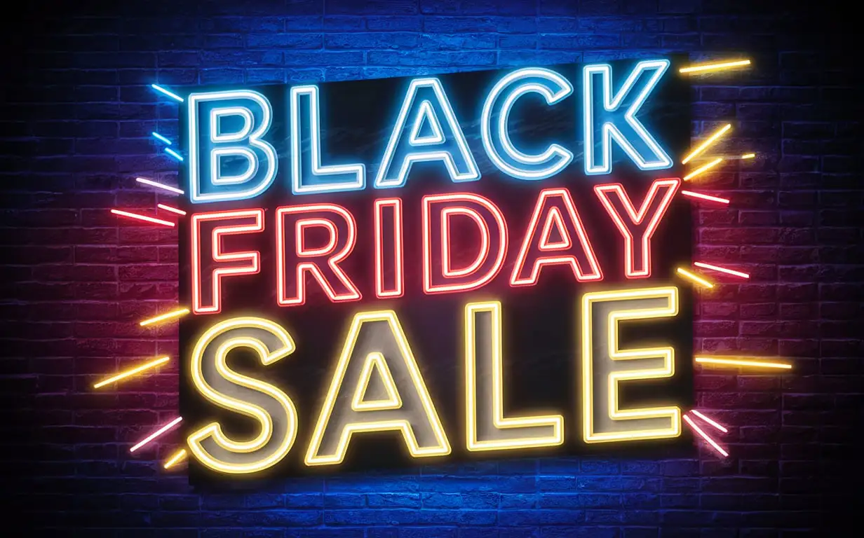 Create a neon sign with vibrant colors spelling out 'Black Friday Sale' on a dark brick wall background. The sign should be designed with a 3D effect, using bright blue, red, and yellow neon lights. The overall aesthetic should capture the excitement and urgency of a limited-time offer.