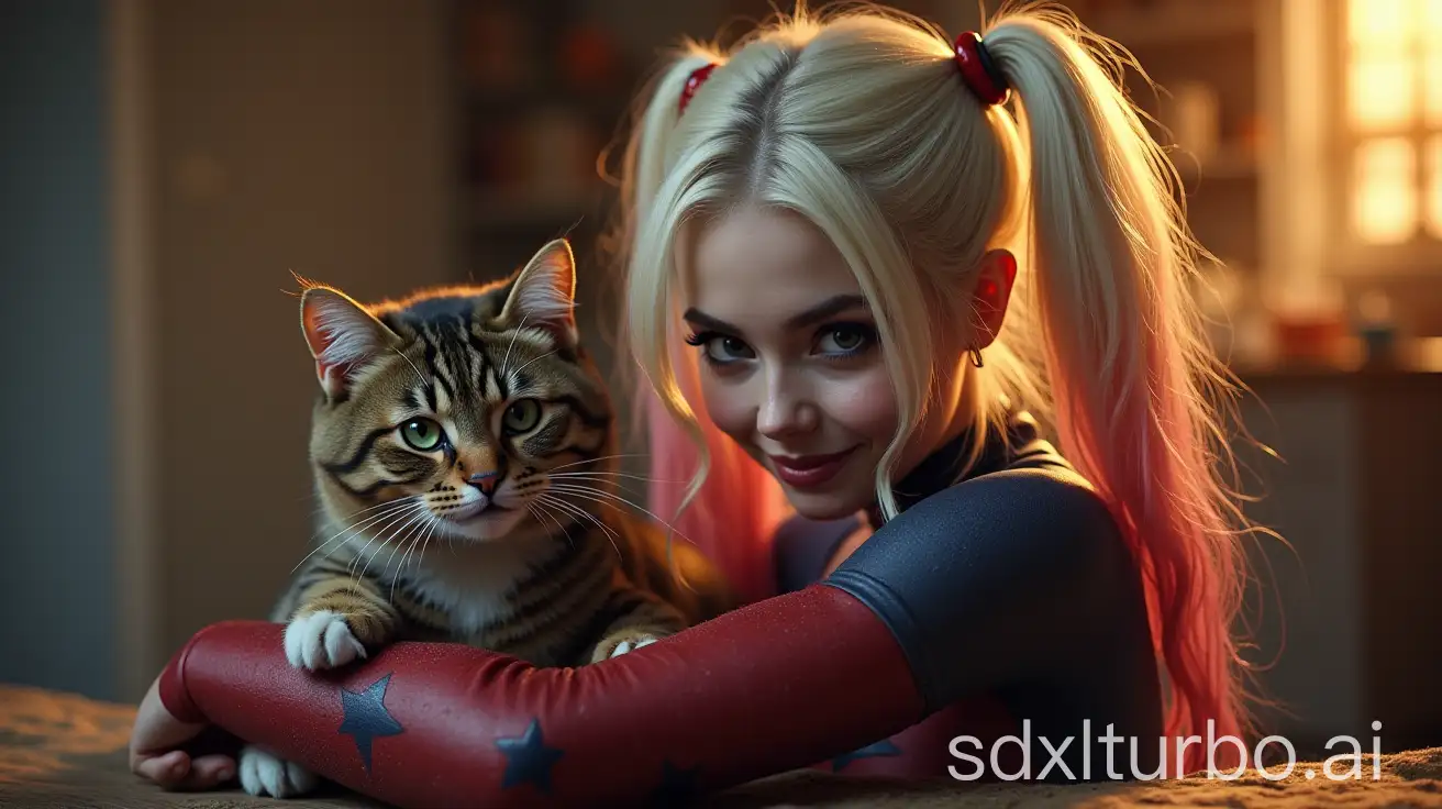 Harley-Quinn-Playfully-Interacting-with-a-Cat