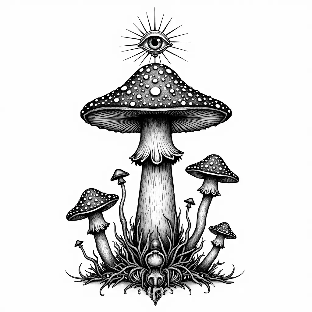 Black-and-White-Surreal-Magical-Mushroom-Illustration-with-Mystical-Eye-and-Intricate-Patterns
