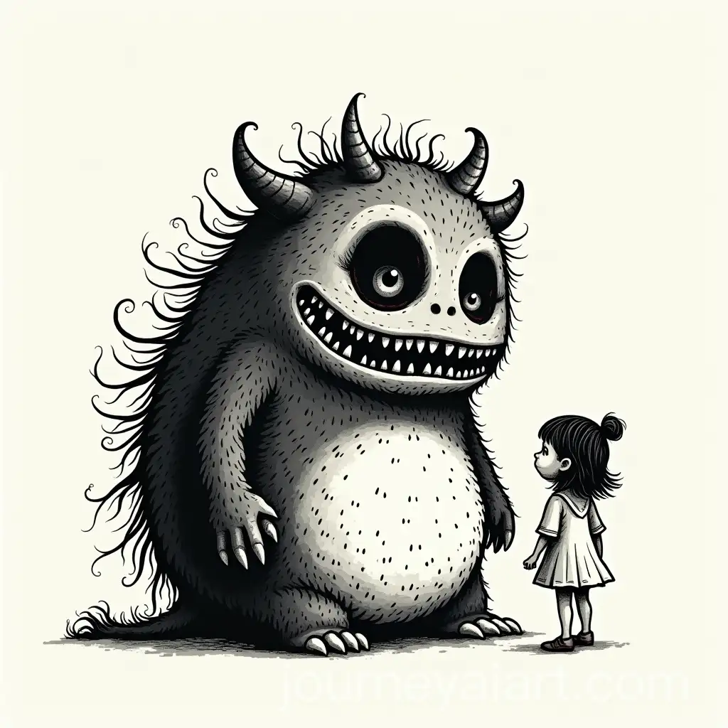 Black-and-White-Lino-Print-of-aAI-Image-Prompt-Expansion-ThreeHeaded-Monster-with-a-Child